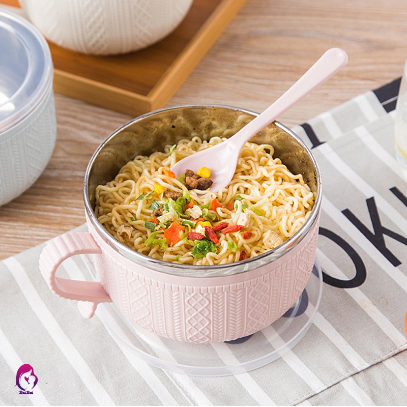 【Hàng mới về】 Stainless Steel Bowl with Lid Spoon for Instant Noodles Rice Household Utensils