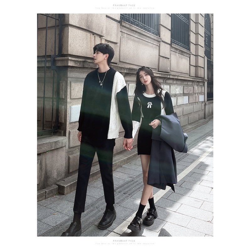 New oder. Set đồ đôi tình nhân, áo len nam và váy đầm len body phối màu đen trắng kiểu cách.