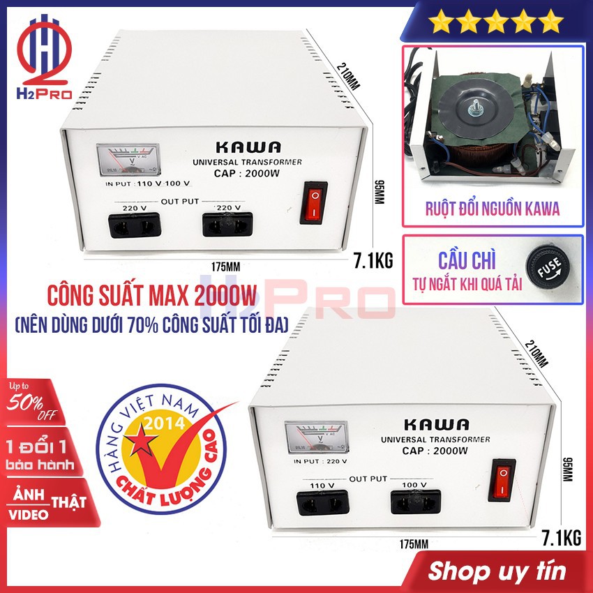 Bộ đổi nguồn 220V sang 110V-100V hoặc đổi nguồn 110V sang 220V KAWA H2Pro 2000W cao cấp, chất lượng cao-an toàn