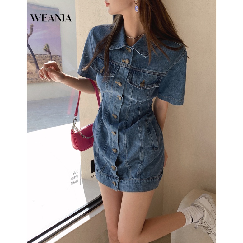 Đầm Denim Ngắn Tay Cổ Polo Phối Nút Thời Trang Dành Cho Nữ