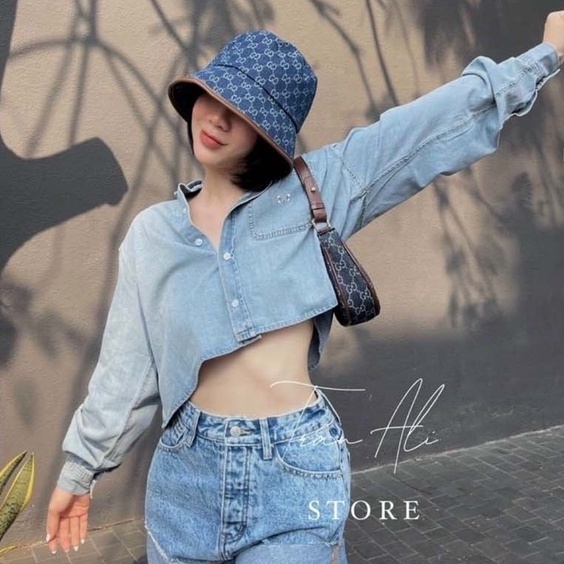 Áo sơ mi jean form croptop tay dài siêu thời trang chất bò dày dặn phong cách ulzzang hàn quôc, XUONGMAYSIGIARE