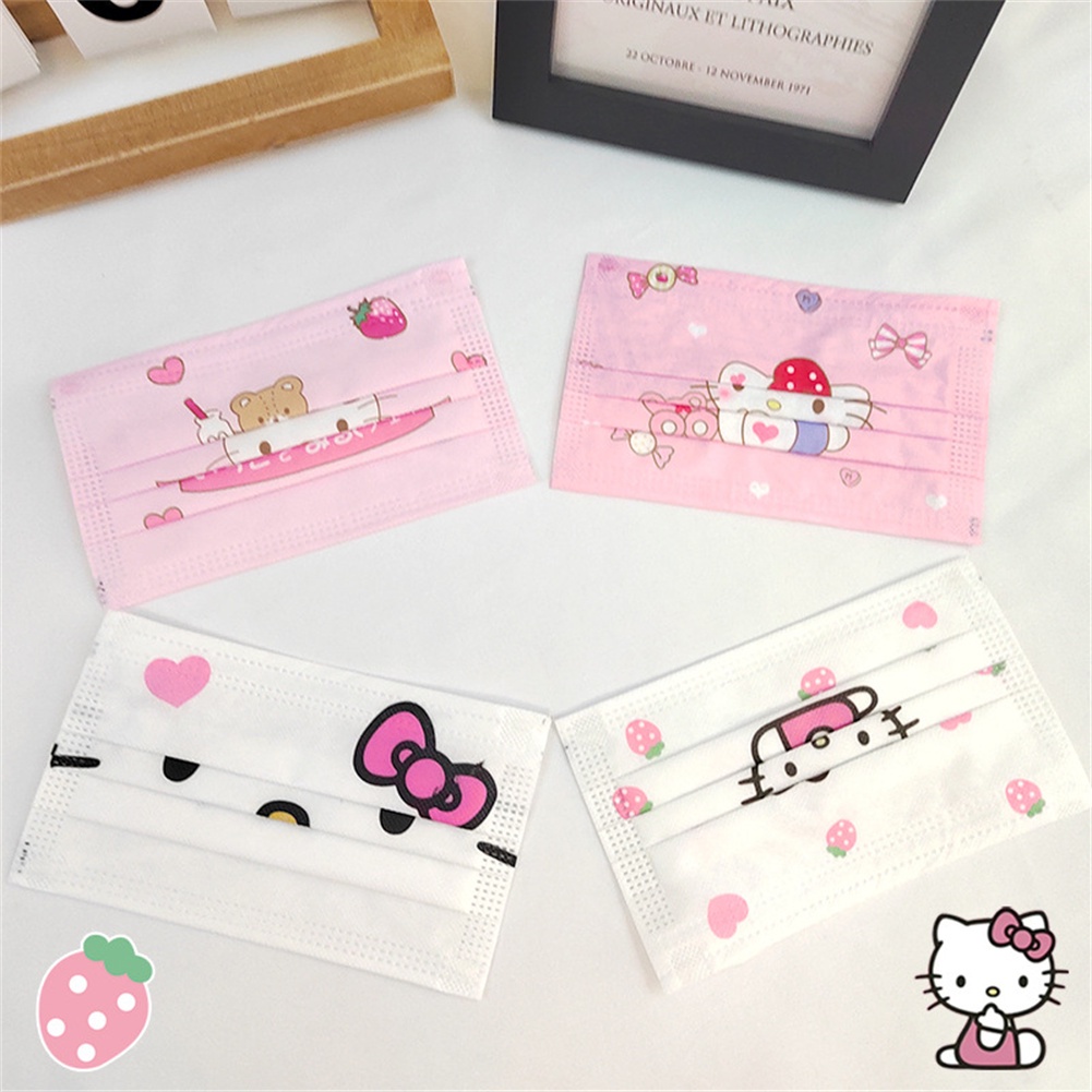 Bộ 10 Khẩu Trang 3 Lớp Dùng Một Lần In Họa Tiết Hoạt Hình Hello Kitty Dành Cho Trẻ Em