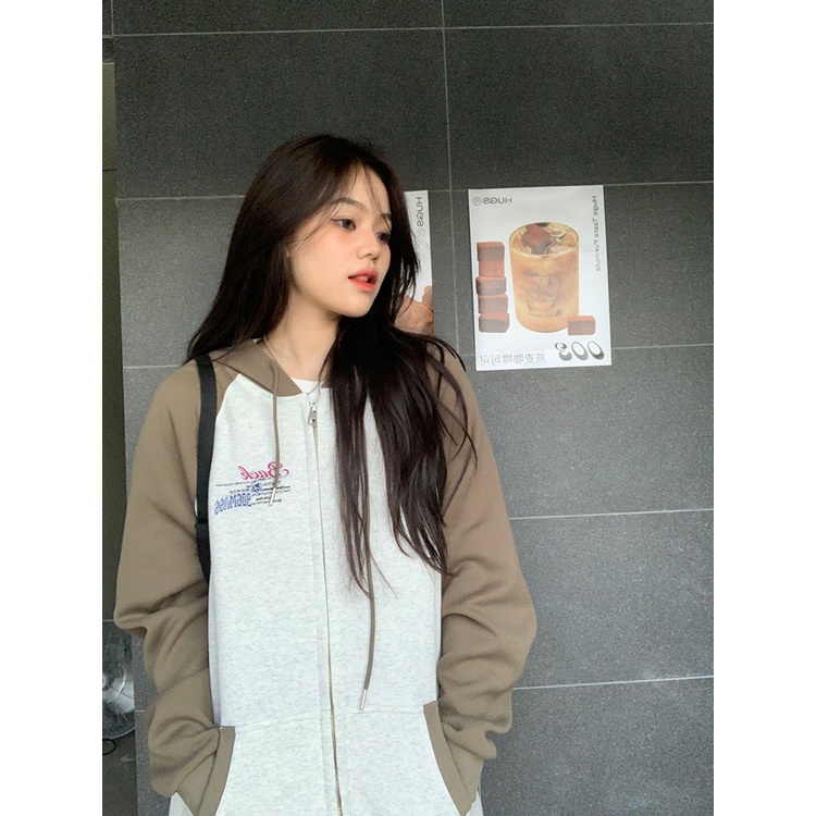 Áo khoác tay dài có khóa kéo in họa tiết phong cách Mỹ thời trang xinh xắn cho nữ