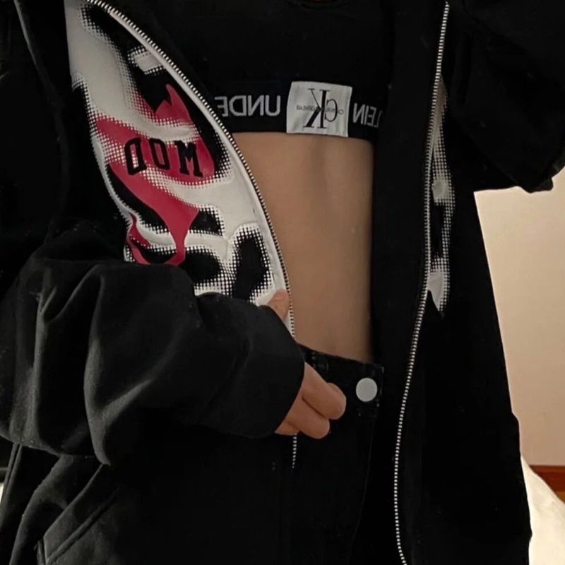 Áo khoác hoodie có khóa kéo dáng rộng quá cỡ màu trơn in họa tiết bộ xương phong cách gothic hip hop thời trang cho nữ