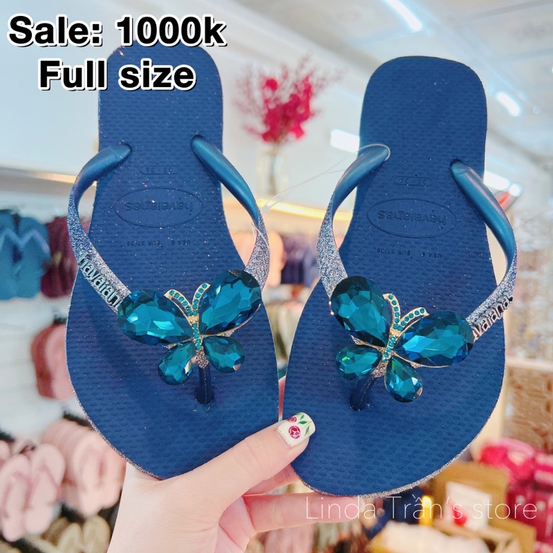 dép HVN kim tuyến viền xanh đen mix charm b.đá xanh dương