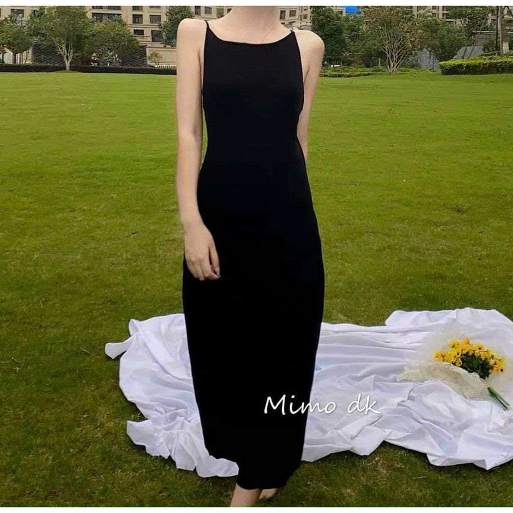 Đầm Midi 2 Dây- Váy Hở Lưng 2 Dây Body Đen Trơn Ulzzang