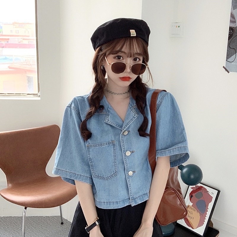 Áo khoác denim tay ngắn dáng rộng thời trang phong cách Hàn Quốc ảnh thật ở cuối