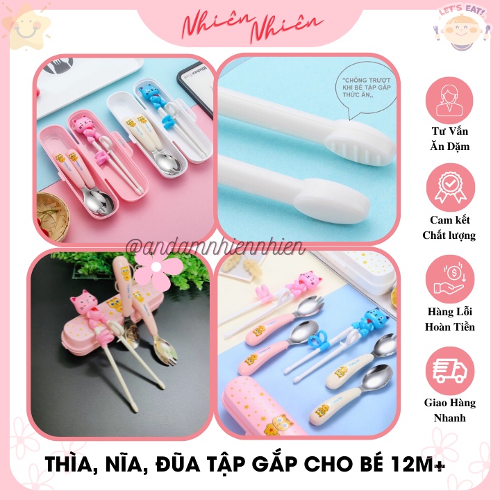 Thìa nĩa đũa Happy Cat kèm hộp tập bé xúc và cầm đũa cho bé từ 12 Tháng