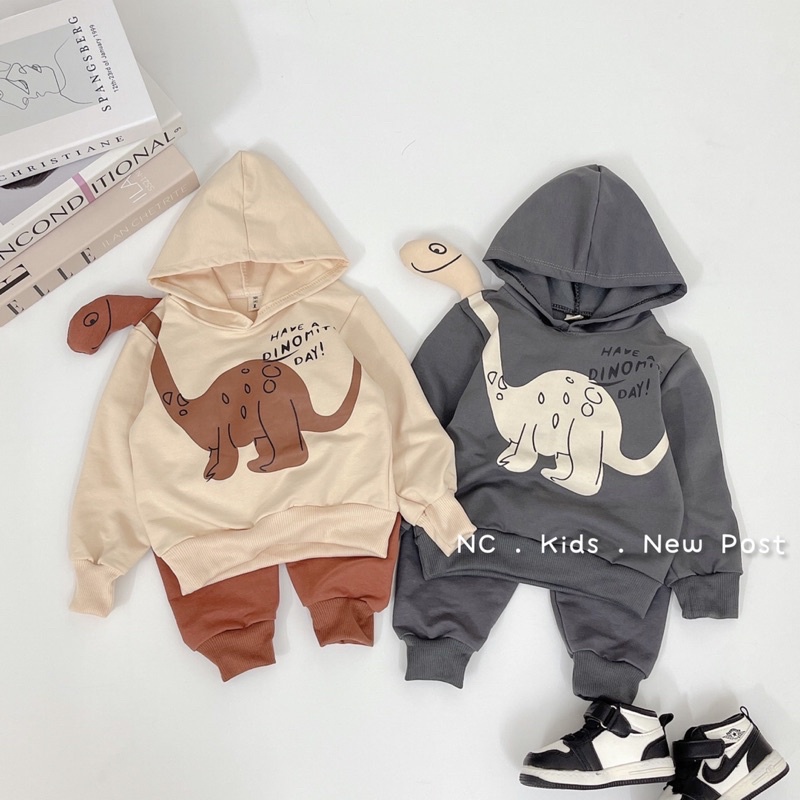 Quần áo trẻ em thu đông, Bộ đồ hoodie hoạ tiết khủng long cho bé yêu
