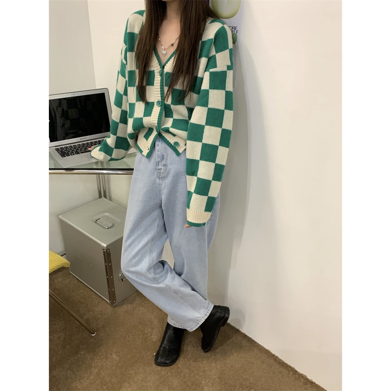 Áo khoác cardigan dệt kim dáng rộng sọc caro thời trang Hàn Quốc cổ điển 2 màu tùy chọn cho nữ | BigBuy360 - bigbuy360.vn