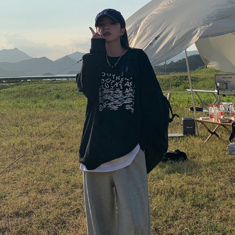 【ZHELIHANGFEI】Áo Thun Tay Dài Form Rộng Họa Tiết In Theo Phong Cách Retro Dễ Phối Đồ