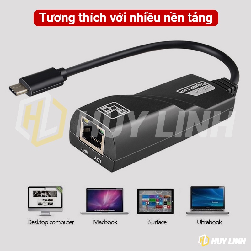 Cáp chuyển Type C ra Lan RJ45 Gigabit Ethernet 1000Mbps cho Laptop Macbook HL1311