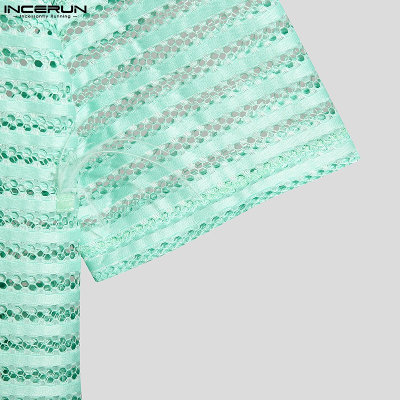 Áo sơ mi INCERUN lưới cổ bẻ tay ngắn trong suốt họa tiết kẻ sọc thời trang cho nam