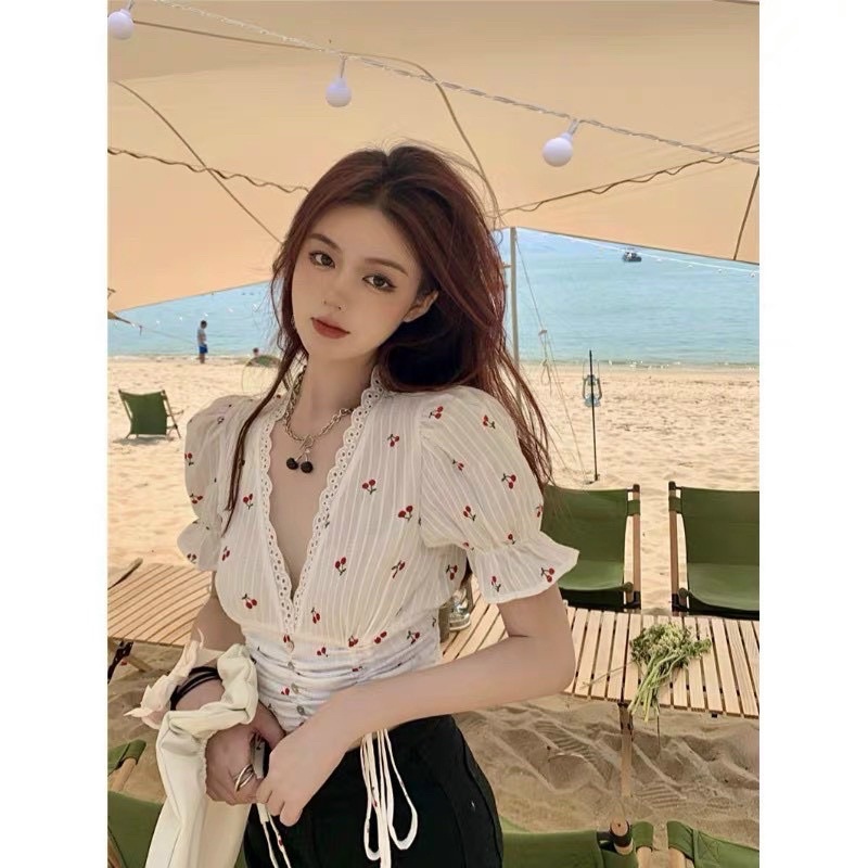Áo CropTop Kiểu Rút Dây In Cherry  ( Kèm hình thật )