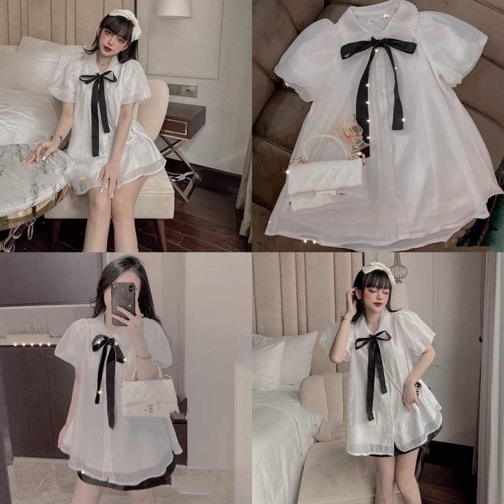 Sơ mi voan tơ cổ ren kèm nơ đen tiểu thư bánh bèo - Áo Voan 2 Lớp Tay Bồng Dáng Babydoll