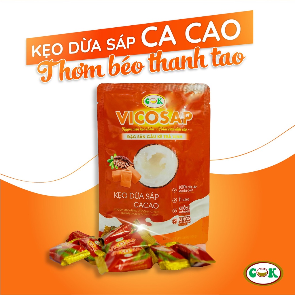 Combo 3 Vị Kẹo Dừa Sáp-Vicosap Nguyên Chất+Cacao+Lá Dứa