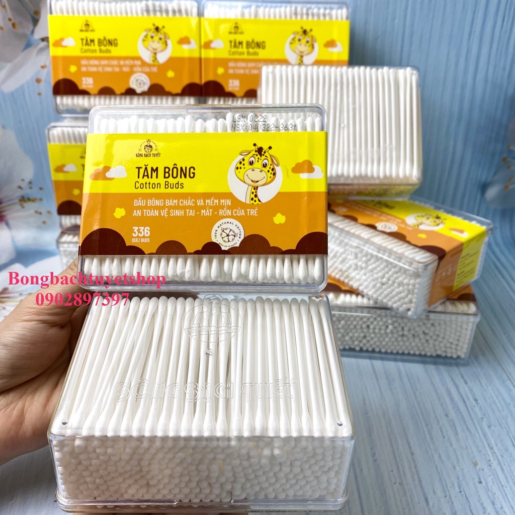 Tăm Bông Kotton Care For Kid đầu nhỏ HỘP CHỮ NHẬT 336 Que Bông Bạch Tuyết