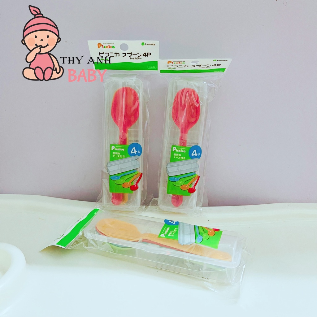 Set 4 Muỗng Thìa Nhựa Picnica Nhật Bản Kèm Hộp Cho Bé