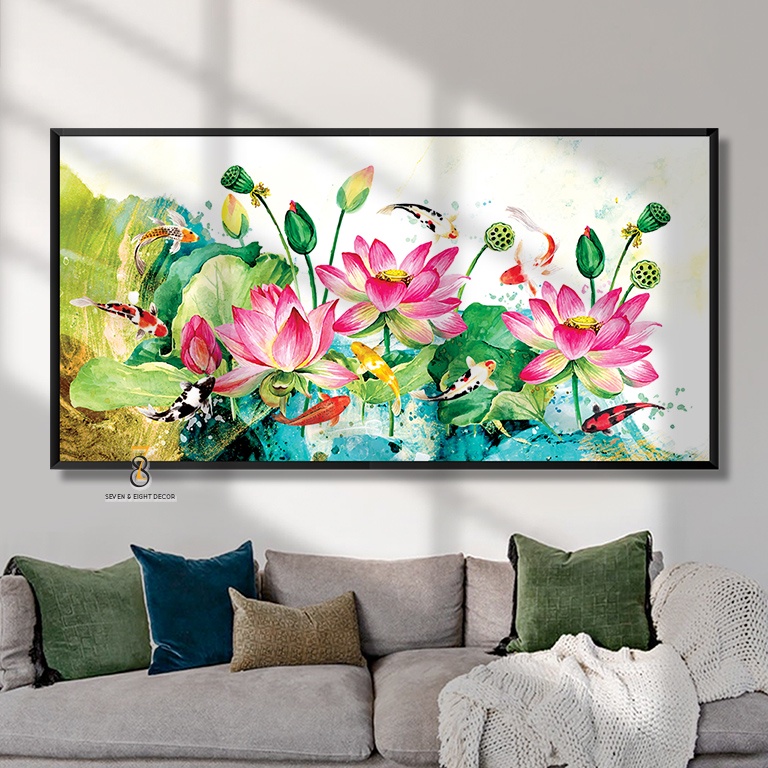 Tranh Canvas | Sen Hồng Và Đàn Cá | 1FHLOTU002 | Tranh Căng Khung Cao Cấp - Tặng Kèm Đinh Đa Năng