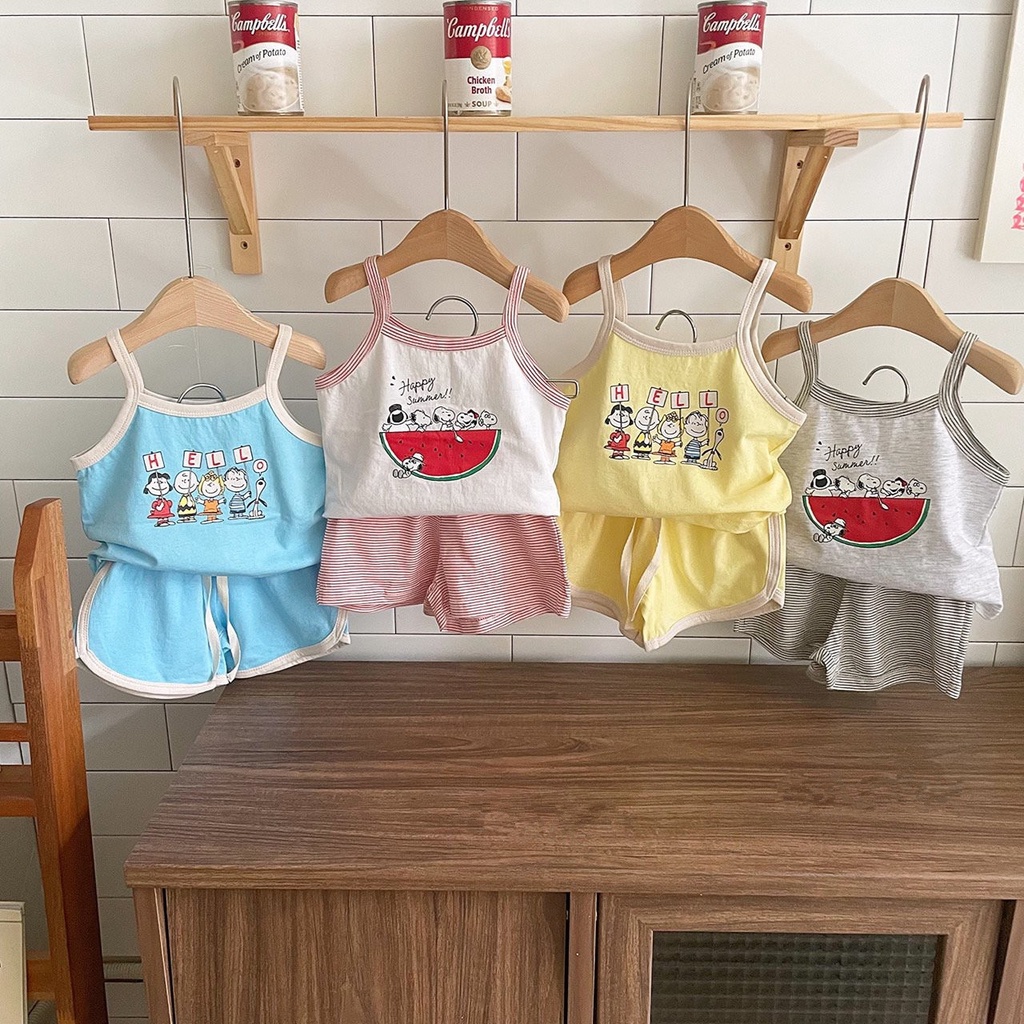 Bộ Áo Hai Dây + Quần Sooc In Họa Tiết Hoạt Hình Dễ Thương Thời Trang Mùa Hè Cho Bé