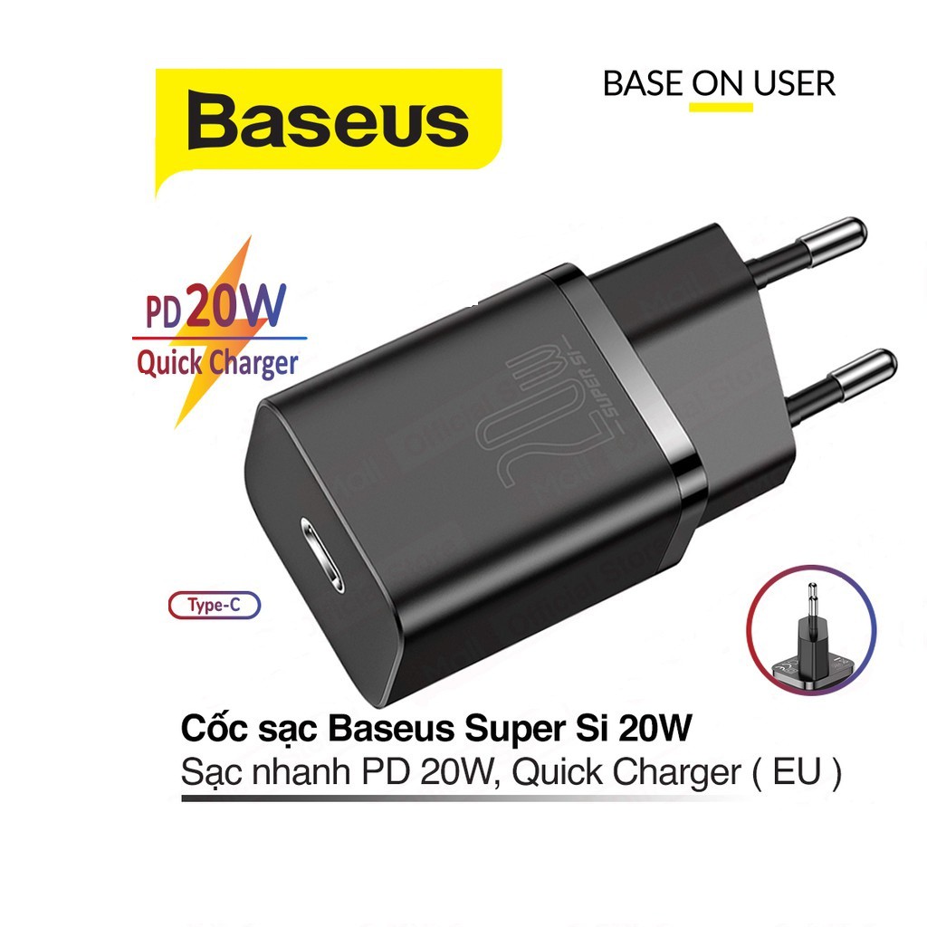 Củ sạc nhanh 20W Baseus Super Si Quick Charger chuôi tròn chất liệu cao cấp trang bị 1 cổng Type-C cho iPhone 12