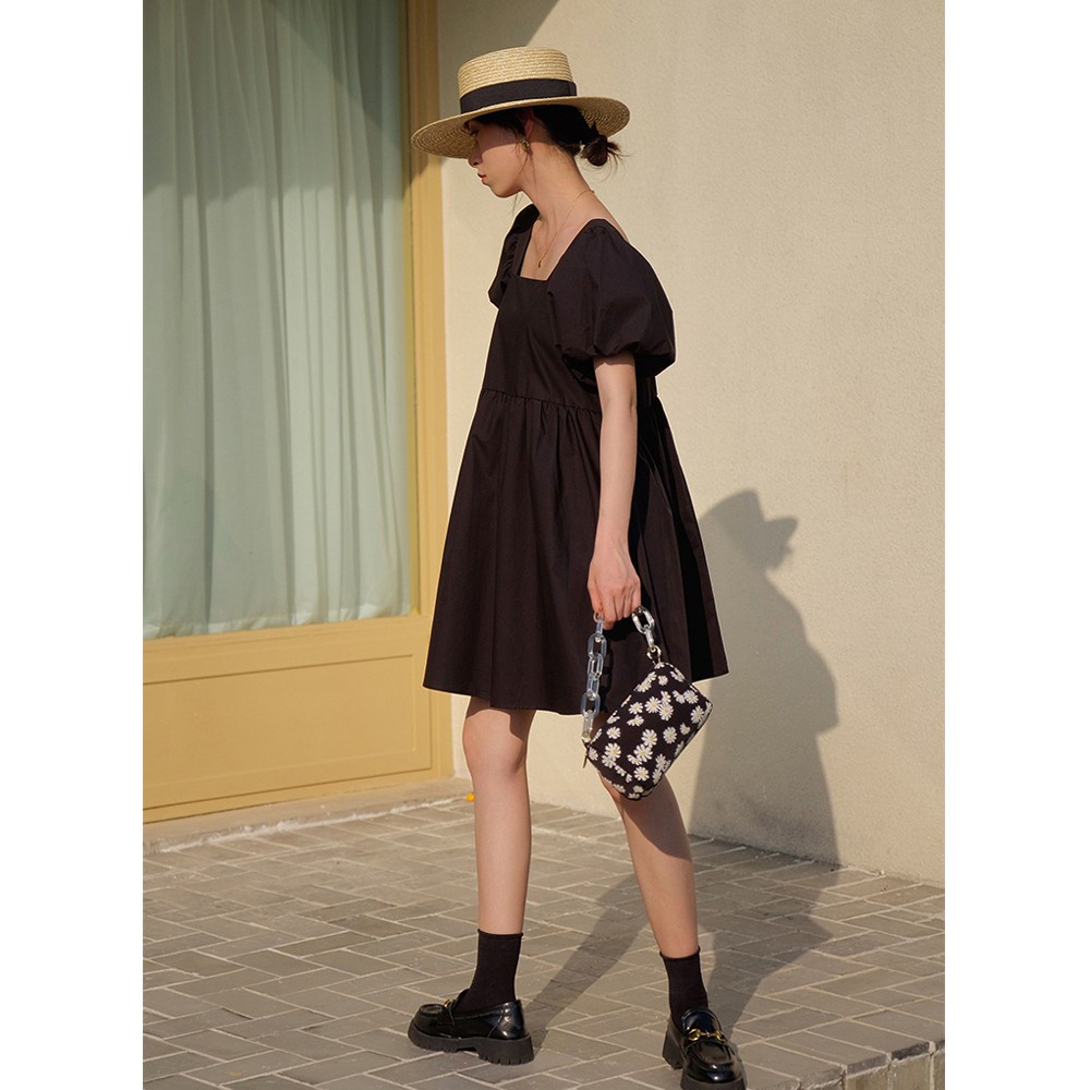 Đầm tay phồng cổ rộng màu trắng phong cách thanh lịch cho nữ