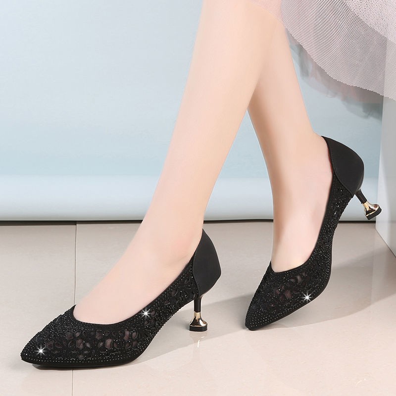 ☁▩Genuine leather high heels women s stiletto heel 2021 spring and summer new style mesh rhinestone pointed toe fashion slim breathable single shoes