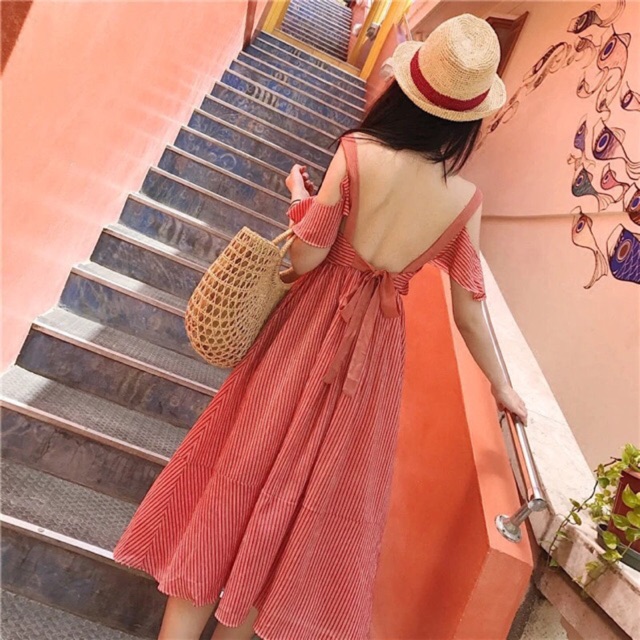 Váy Maxi Đi Biển Hở Vai Cam Form Bồng - Váy Đi Biển Trễ Vai (có ảnh thật) - Đầm Maxi Đi Biển Khoét Lưng