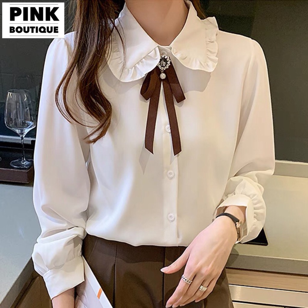 Áo Sơ Mi Trắng Nữ Lụa Vân Cổ Đức Bèo Thiết Kế PINK BOUTIQUE | BigBuy360 - bigbuy360.vn