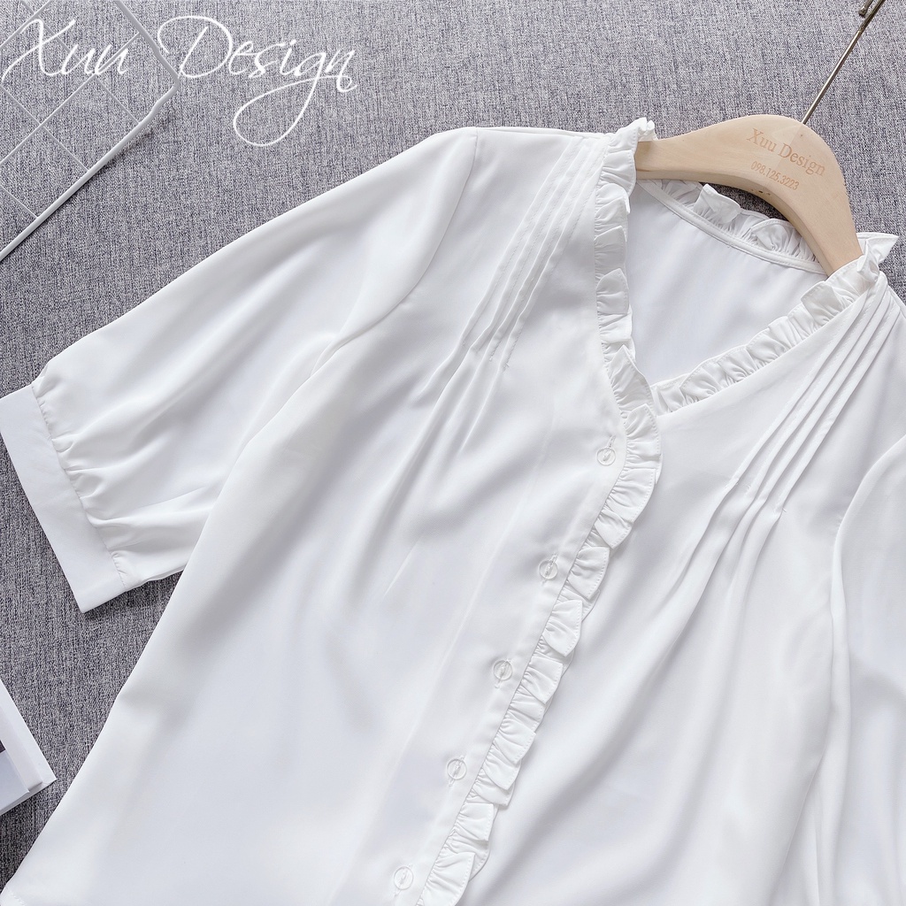 Áo sơ mi trắng nữ thời trang wexuu Design kiểu dáng tay lỡ cổ V phối vạt bèo thanh lịch - SP42