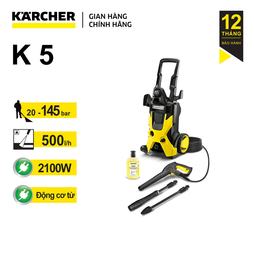 (Sản xuất Ý) Máy xịt rửa xe cao áp Karcher K5 động cơ từ công suất 2100w, áp lực 20-145 bar, lưu lượng nước 500l/h