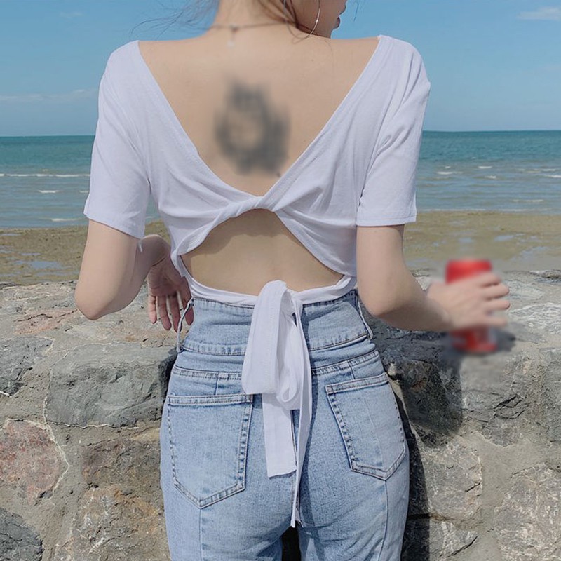 Áo Thun Tay Ngắn Cổ Tròn Phối Nơ Sau Lưng Thiết Kế Màu Trơn Thanh Lịch