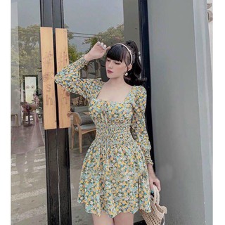 Váy Nữ Voan Hoa Tay Dài Hoa Nhín, Dập Ly Nhún Ngực 2 Màu Trẻ Trung Thời Trang - Winchois