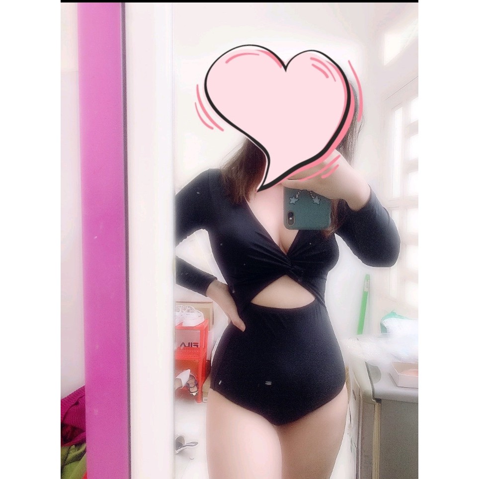 Sét Bikini liền thân Bodysuit tay dài xoắn ngực màu đen cá tính MITAMO TBKN53