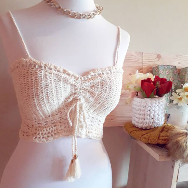 Áo len móc yếm ống thắt nơ Bikini len móc