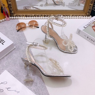 Sandal gót loe 9P quai trong nơ ngọc - Sandal cao gót 9P nữ Chile