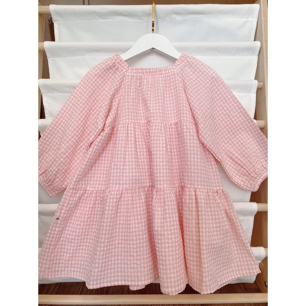 Váy Hồng Kẻ Caro Cổ Vuông Tiểu Thư Style Hàn Quốc NIAKI - TT35