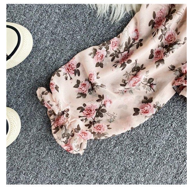 Áo sơ mi voan tay dài cổ vuông eo cao trễ vai in họa tiết hoa cổ điển thời trang quyến rũ cho nữ