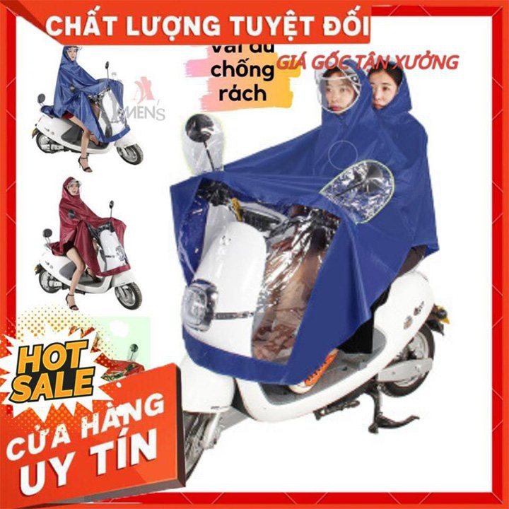 Áo Mưa 2 Đầu Phản Quang Đi Xe Máy Vải Dù, Ép PVC Chống Rách Có Kính Che Trước Mặt