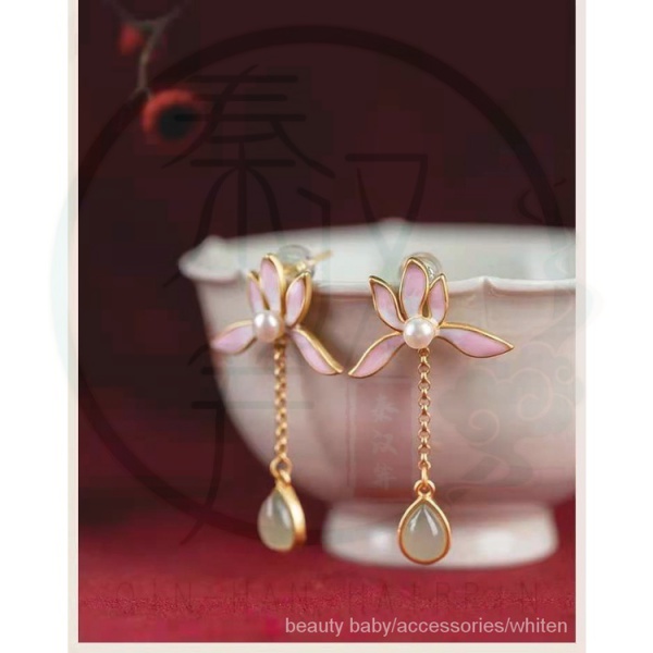 Khuyên tai tua rua đính ngọc bích vàng bạc phong cách cổ điển cho nữ