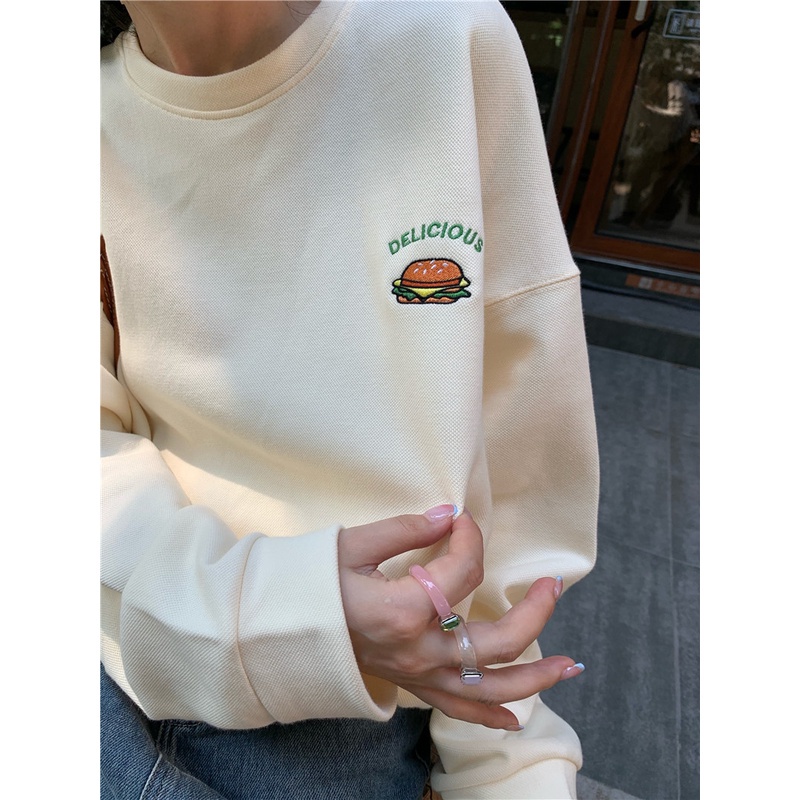 Porozi  Áo sweater tay dài dáng rộng in hình burger kiểu Hàn Quốc xinh xắn cho nữ