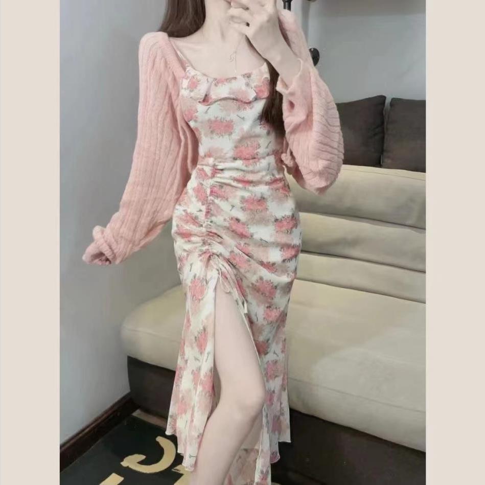 Bộ Áo sweater Dệt Kim Dáng Ôm Phối Chân Váy Yếm Dài Ôm Eo Dễ Thương Cho Nữ