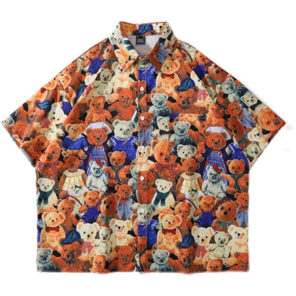 Sơ mi from rộng tay lỡ unisex nam nữ , sơ mi nam nữ vải voan lụa mịn mát free size 40kg - 70kg in hình gấu