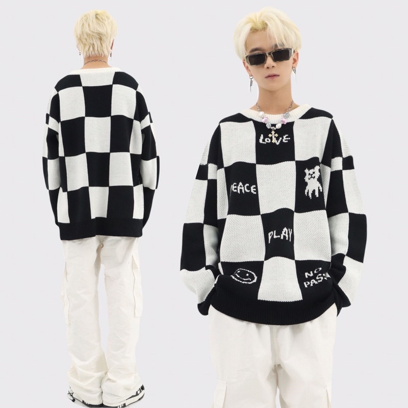 Checker Sweater / áo len caro unisex phong cách đường phố