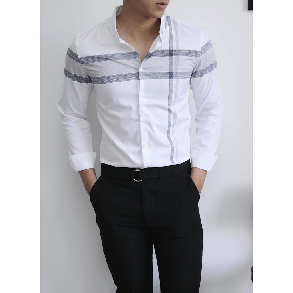 Áo Sơ Mi Nam Cao Cấp Phong Cách Hàn Quốc Sọc Ngang Dọc Tặng Kính Đi Đêm AKHOIMS02