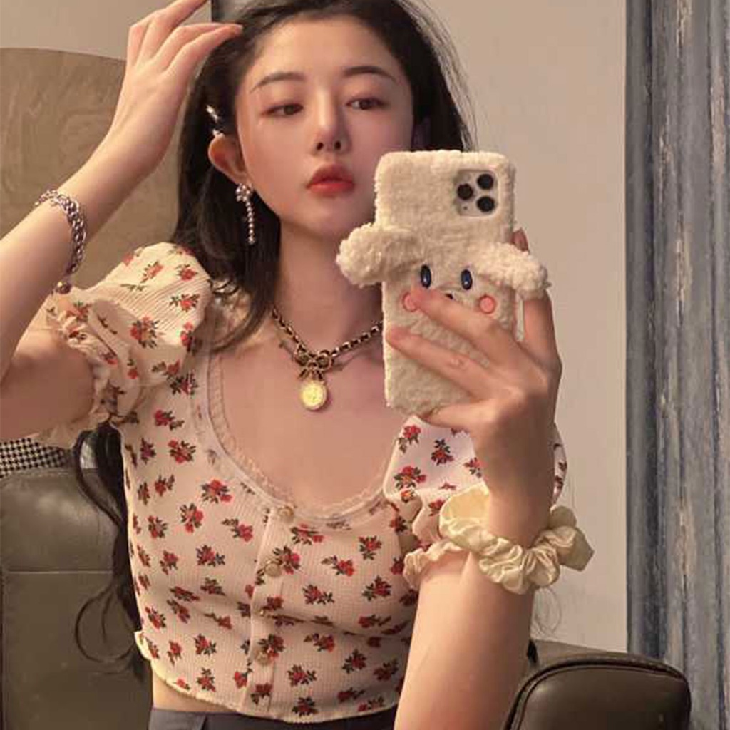 Áo Crop Top Tay Ngắn Phồng Cổ Vuông Phối Ren Thời Trang Cho Nữ