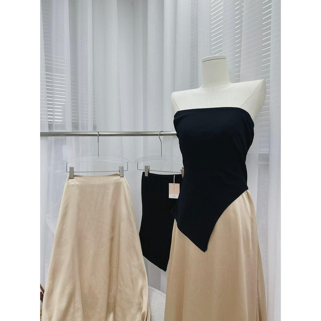 SET ÁO ỐNG LỆCH TÀ ĐEN + CHÂN VÁY KEM MIDI (TH)