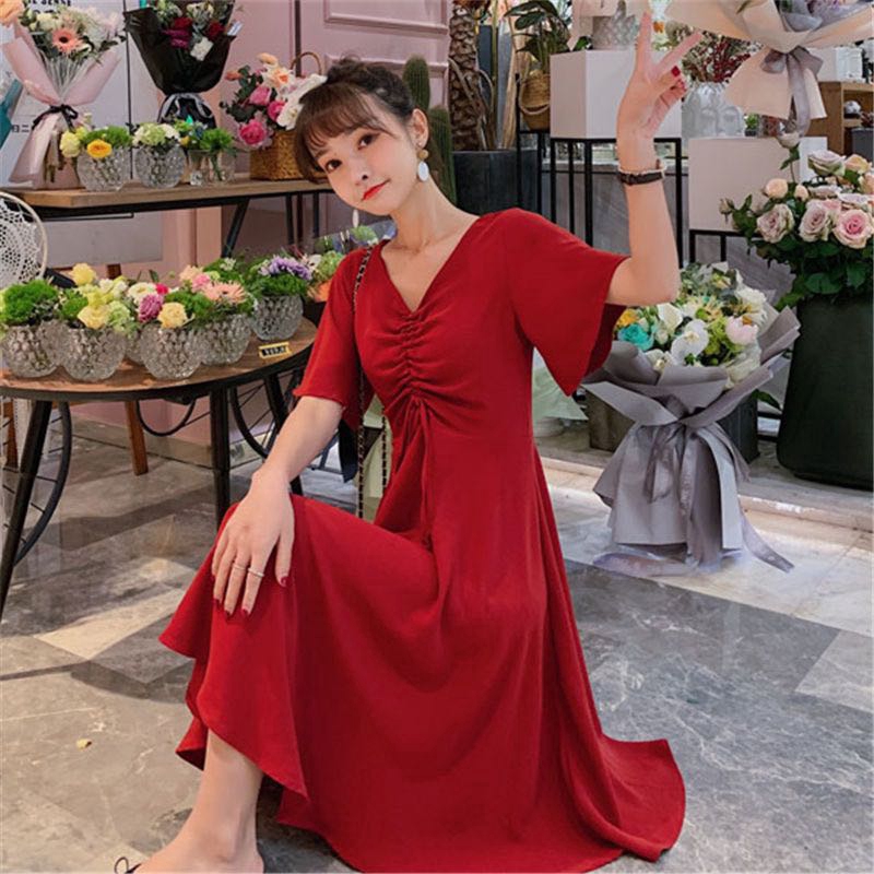 Đầm nữ dáng chữ A cổ chữ V dáng midi phong cách thời trang Hàn Quốc độc đáo