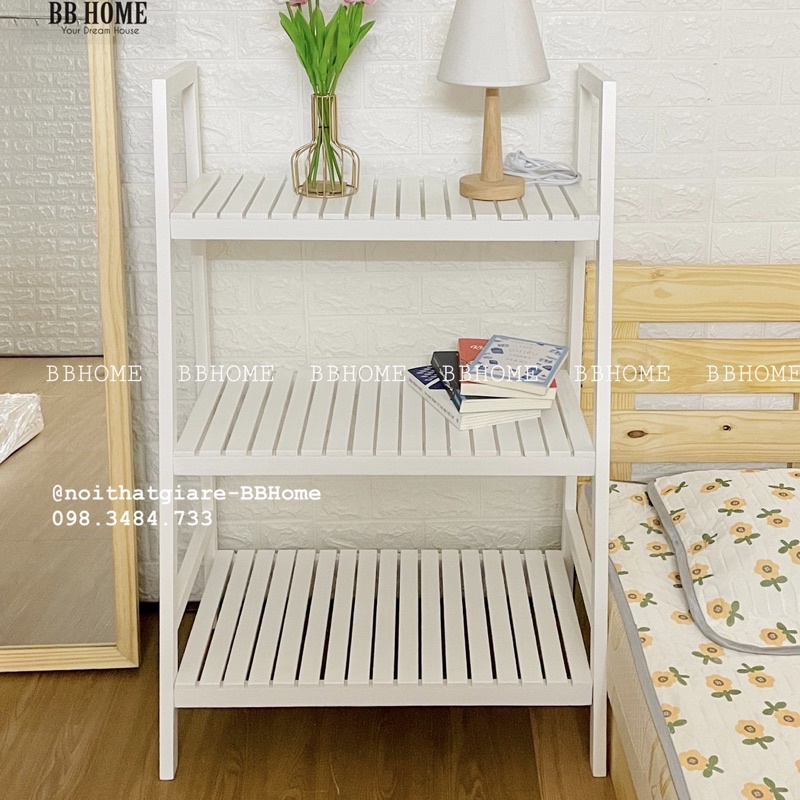 Kệ gỗ sơn trắng 3 tầng trang trí kiểu nan BBHome