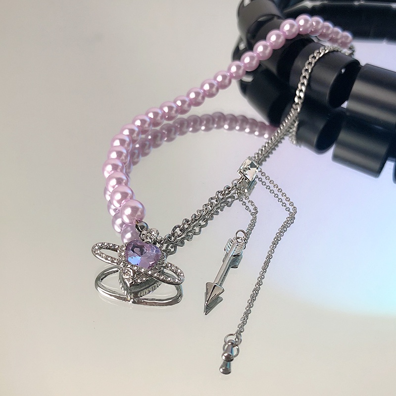 Vòng cổ gắn hạt ngọc trai tím mặt trái tim phong cách hip hop